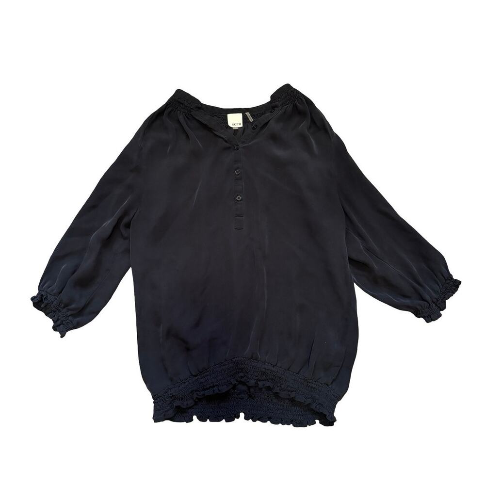ECRU 100% Silk Blouse Black Smocked Bubble Hem 3/4 Sleeve Size M